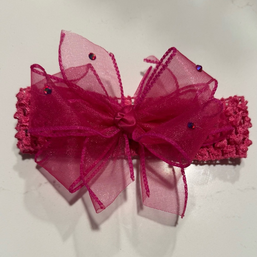 Hot pink headband bow baby girl rhinestone bling EUC fuchsia head wrap tulle